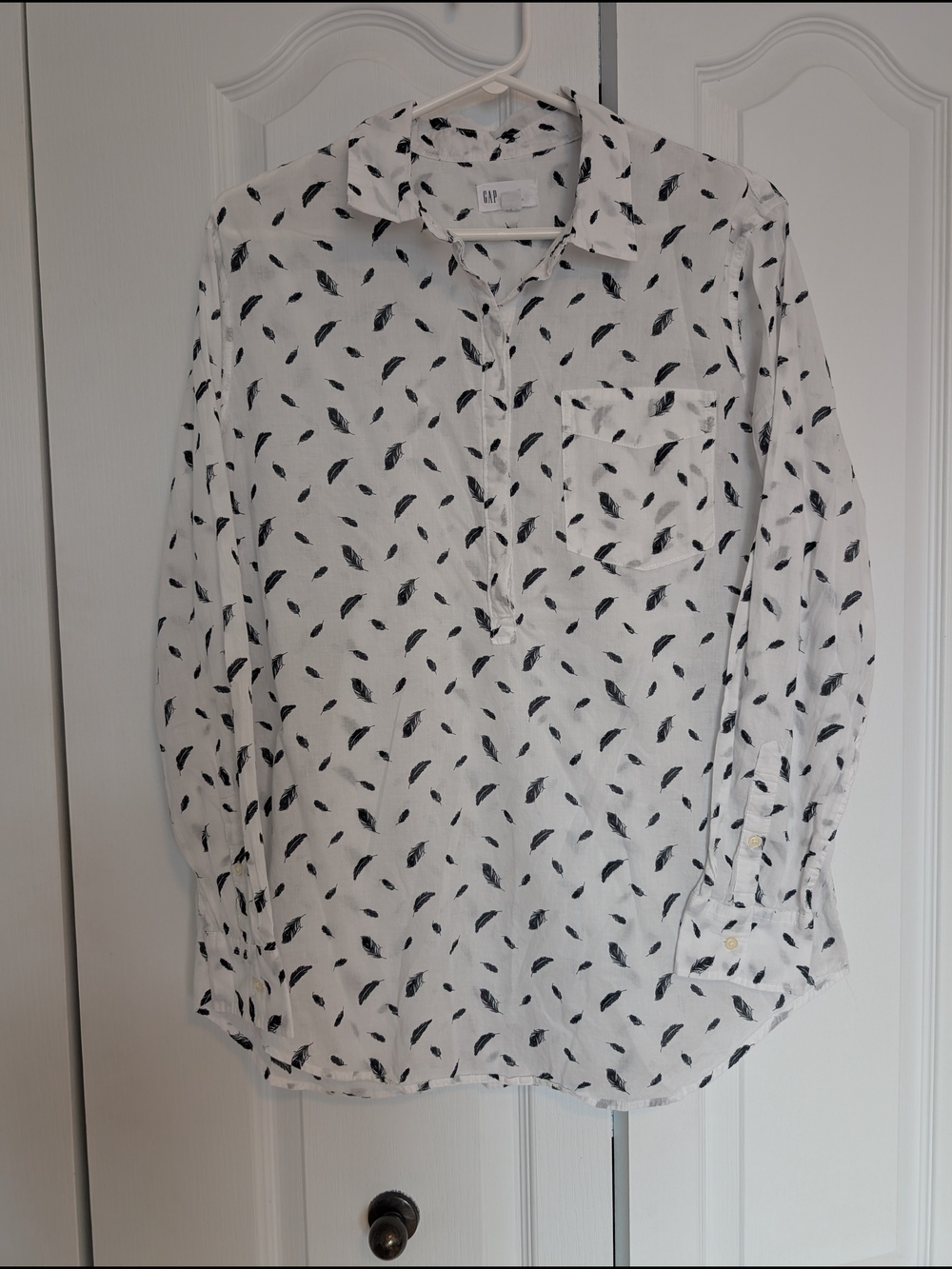 White Blouse with Black Feather Print
